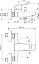 Badearmatur in chromfarbenem Design von Ideal Standard, dargestellt in technischen Zeichnungen mit Maßangaben und Installationsdetails.